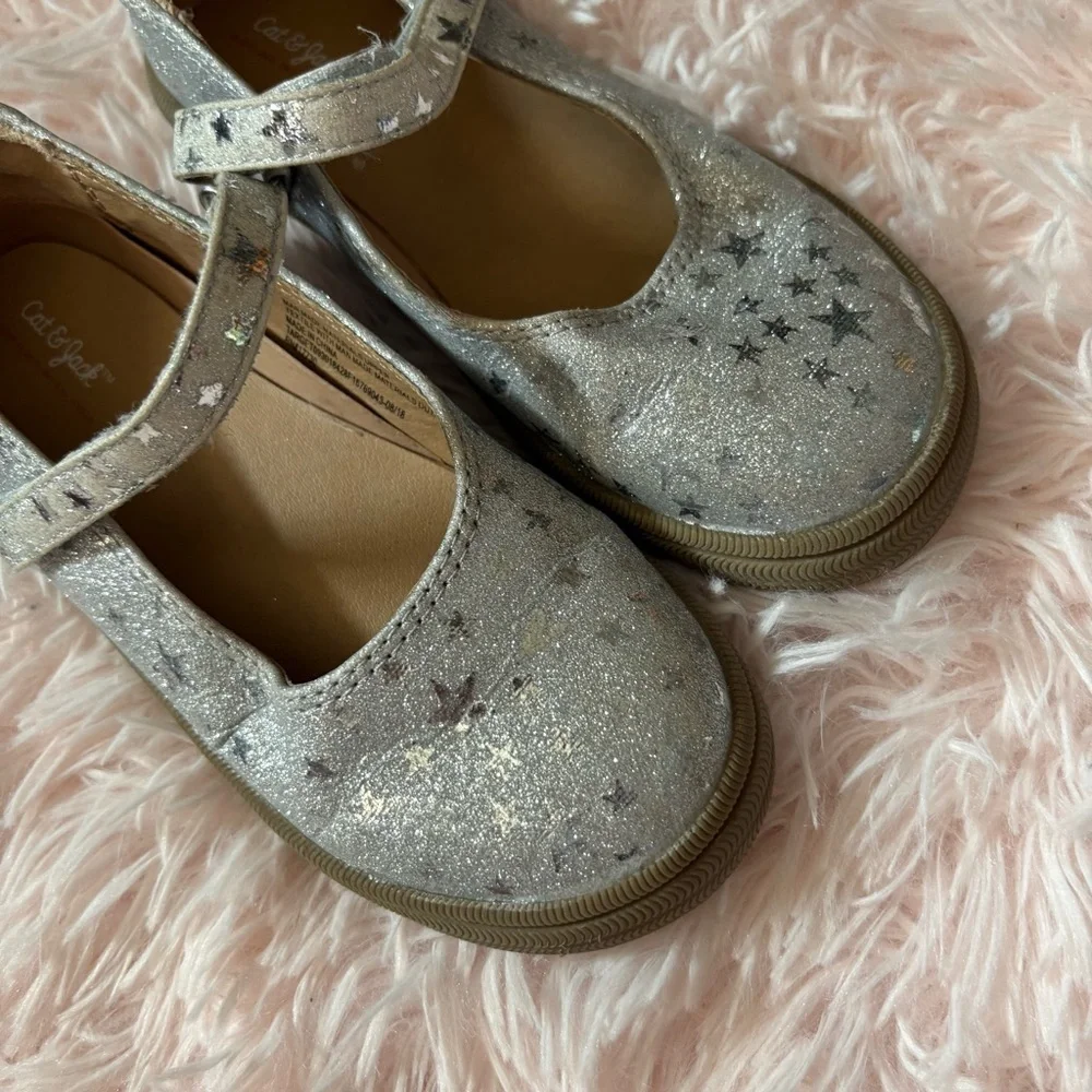 Cat & Jack Silver Glitter Kids Shoes Sz 12 Stars Mary Jane